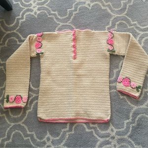 Vintage handmade crochet Henley pullover knit sweater floral cream pink green